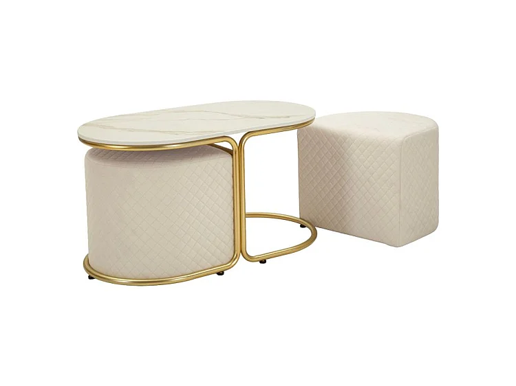 Moderner Couchtisch mit 2 bequemen Hockern aus Holz und goldfarbenem Metall, 79 x 45 x 44 cm – platzsparendes skandinavisches Design-Set