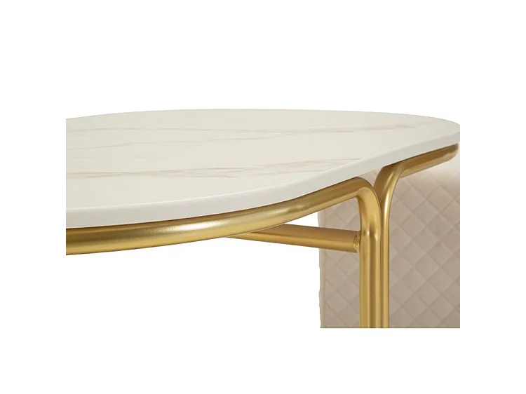 Moderner Couchtisch mit 2 bequemen Hockern aus Holz und goldfarbenem Metall, 79 x 45 x 44 cm – platzsparendes skandinavisches Design-Set