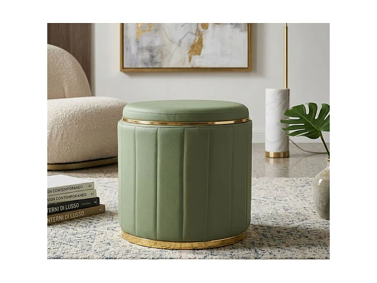 Pouf con contenitore in ecopelle verde chiaro CM Ø 46,5X44