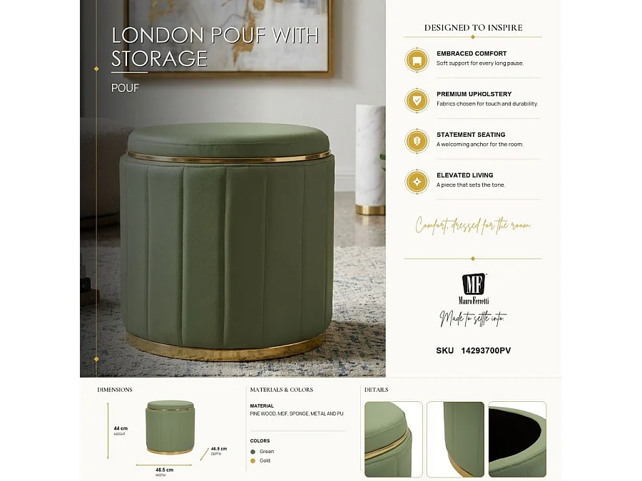 Pouf con contenitore in ecopelle verde chiaro CM Ø 46,5X44