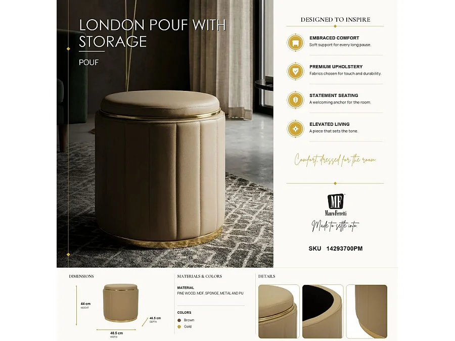 Pouf london avec rangement marron ø 46,5x44
