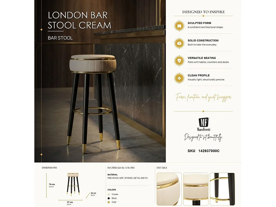 Tabouret de bar London crème design vintage élégant