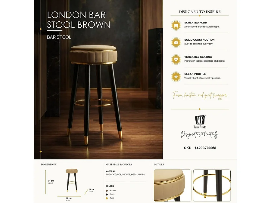 Tabouret de bar London marron design rétro chic doré