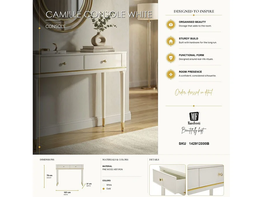 Consolle in legno bianca con dettagli dorati CM 101X37X78