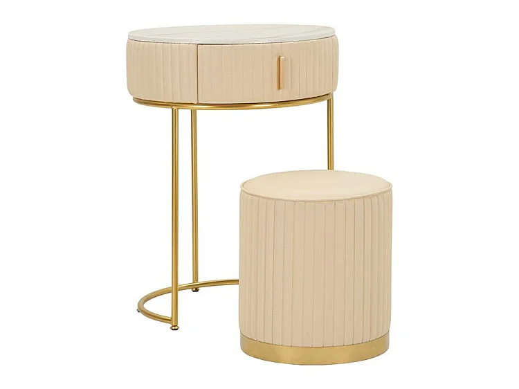 Moderner Pok Nachttisch mit Schminktisch und Hocker aus Kiefernholz und weiß/goldenem Metall, Ø 52 x 70 cm – Raffiniertes, multifunktionales Beauty-Set