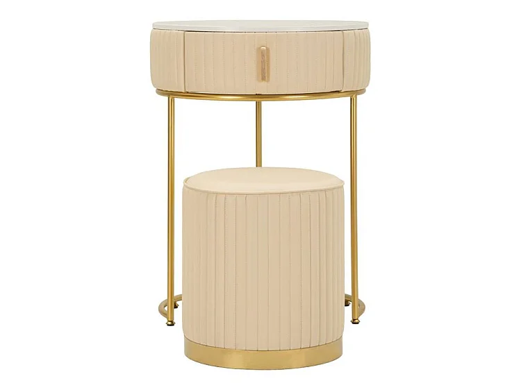 Moderner Pok Nachttisch mit Schminktisch und Hocker aus Kiefernholz und weiß/goldenem Metall, Ø 52 x 70 cm – Raffiniertes, multifunktionales Beauty-Set