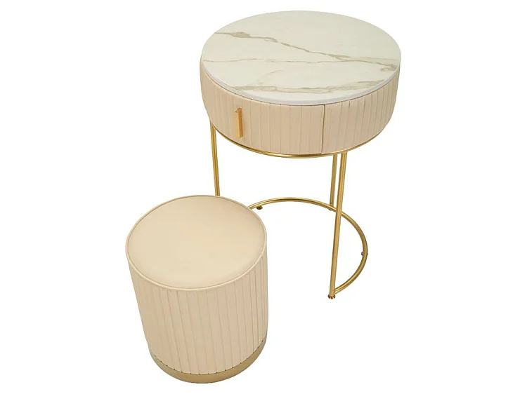 Moderner Pok Nachttisch mit Schminktisch und Hocker aus Kiefernholz und weiß/goldenem Metall, Ø 52 x 70 cm – Raffiniertes, multifunktionales Beauty-Set
