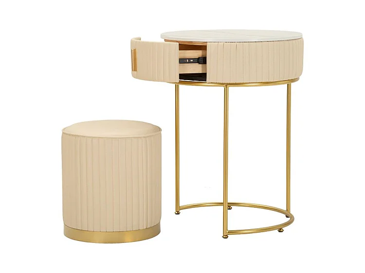 Moderner Pok Nachttisch mit Schminktisch und Hocker aus Kiefernholz und weiß/goldenem Metall, Ø 52 x 70 cm – Raffiniertes, multifunktionales Beauty-Set