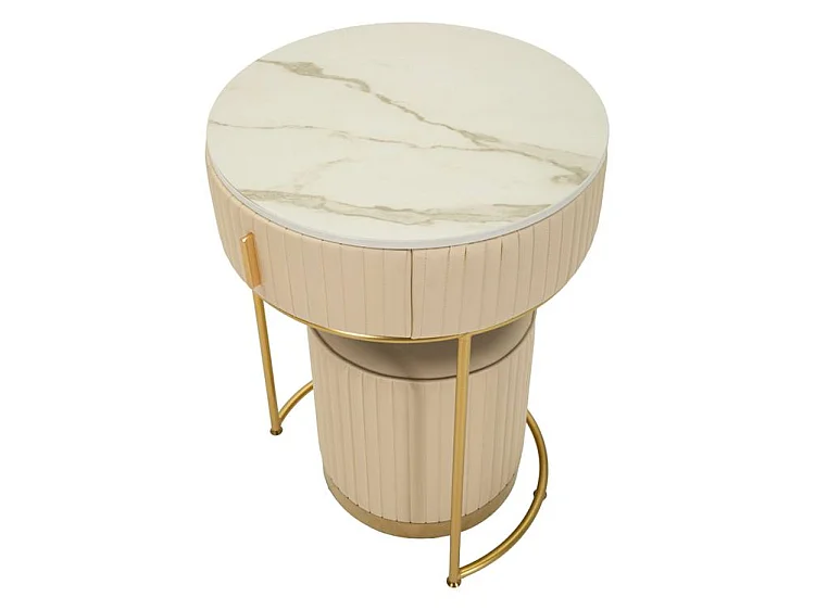 Moderner Pok Nachttisch mit Schminktisch und Hocker aus Kiefernholz und weiß/goldenem Metall, Ø 52 x 70 cm – Raffiniertes, multifunktionales Beauty-Set