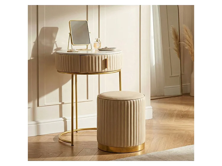 Moderner Pok Nachttisch mit Schminktisch und Hocker aus Kiefernholz und weiß/goldenem Metall, Ø 52 x 70 cm – Raffiniertes, multifunktionales Beauty-Set