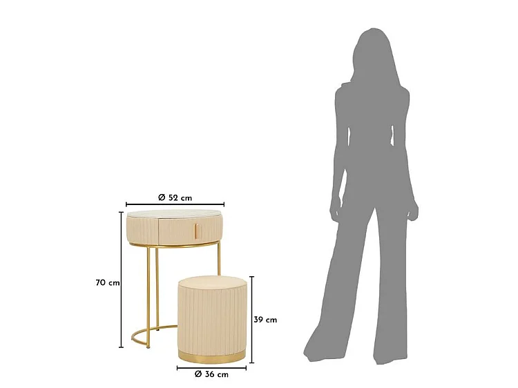 Moderner Pok Nachttisch mit Schminktisch und Hocker aus Kiefernholz und weiß/goldenem Metall, Ø 52 x 70 cm – Raffiniertes, multifunktionales Beauty-Set