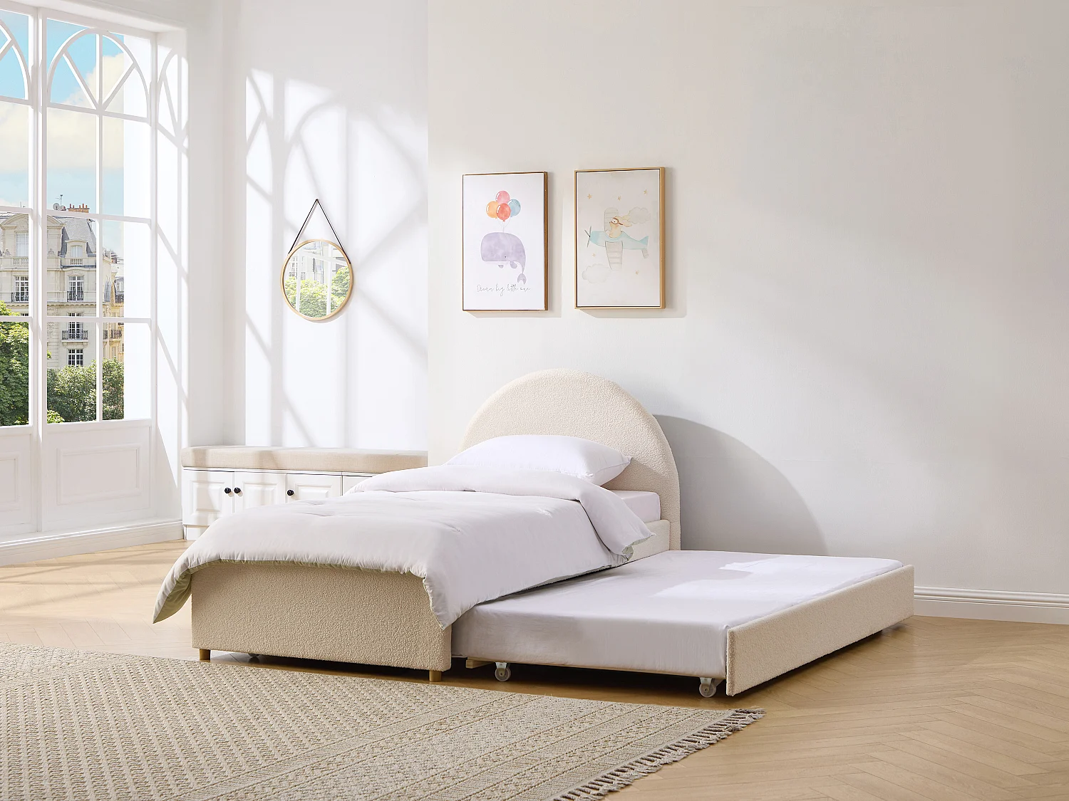 Lit avec tiroir gigogne 90 x 190 cm – Tissu bouclette – Crème + Matelas – LIRIMO