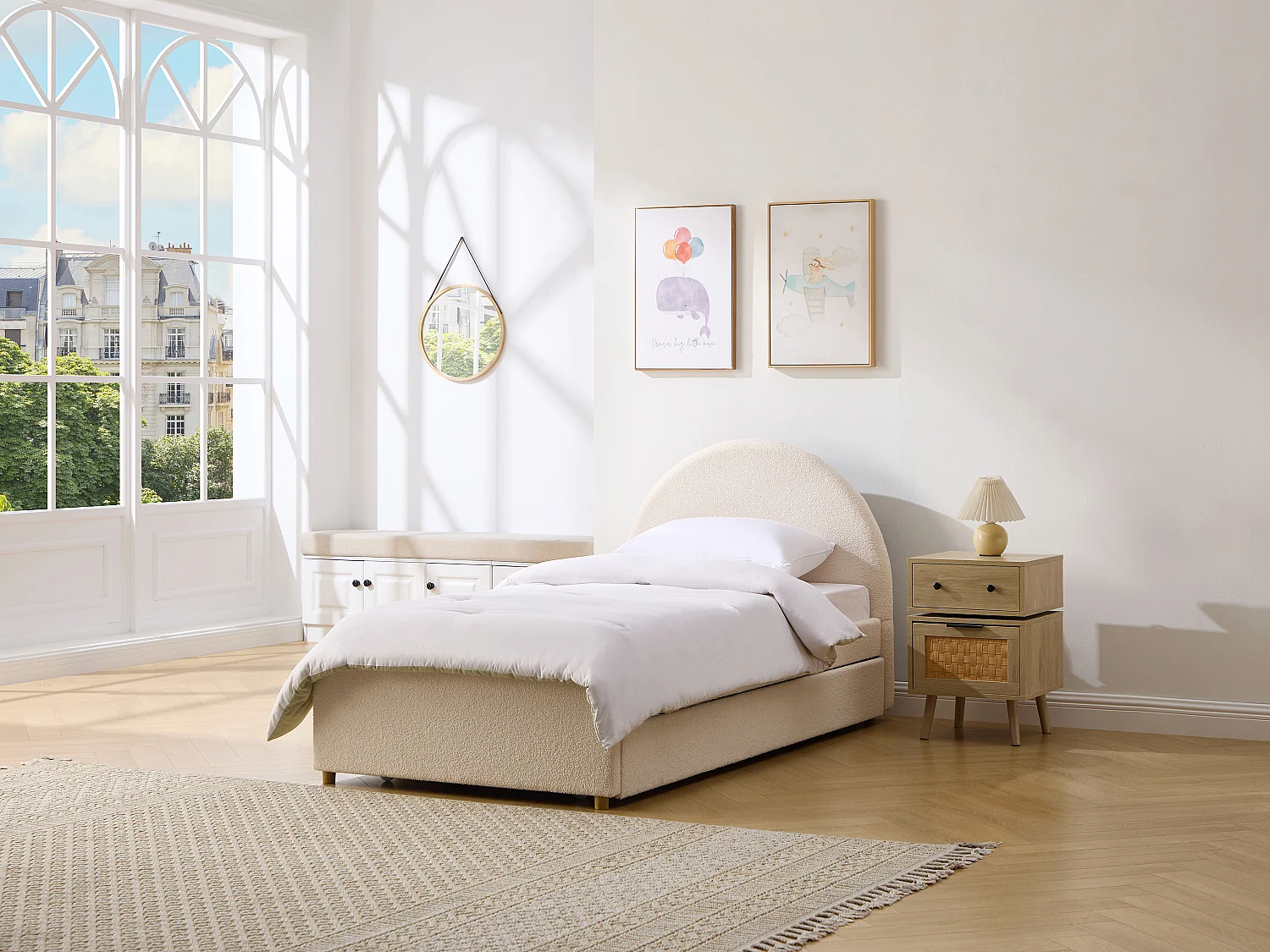Lit avec tiroir gigogne 90 x 190 cm – Tissu bouclette – Crème + Matelas – LIRIMO