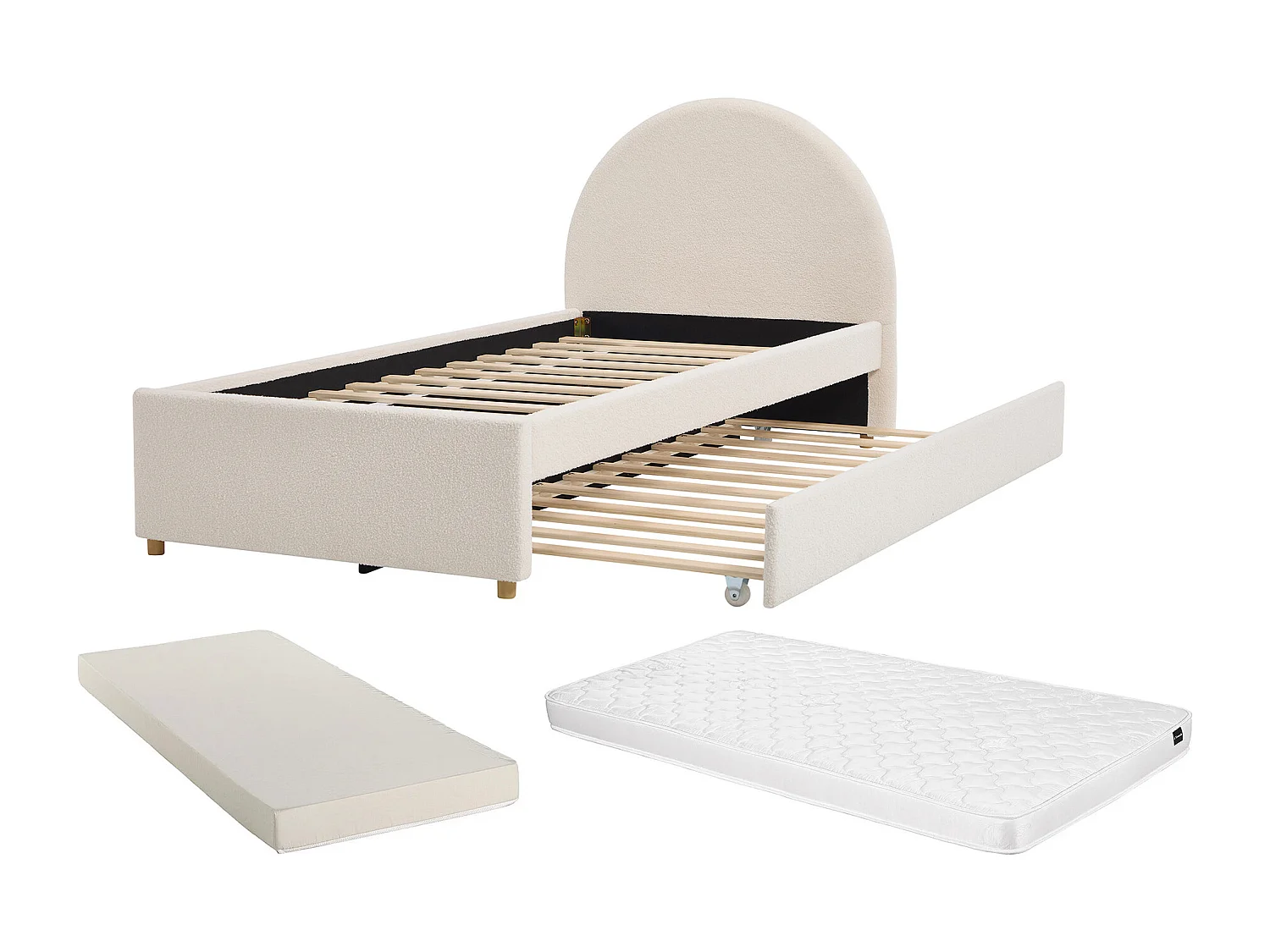 Lit avec tiroir gigogne 90 x 190 cm – Tissu bouclette – Crème + Matelas – LIRIMO