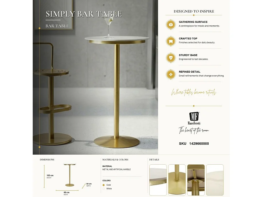 Tavolo bar in metallo dorato e ripiano in marmo  cm ø 60x103