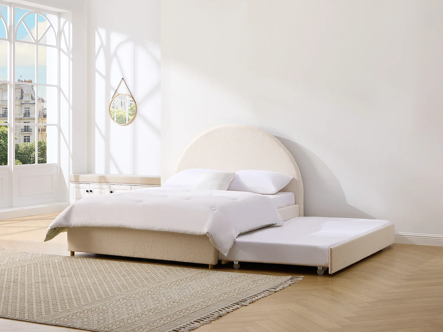 Lit avec tiroir gigogne 140 x 190 cm - Tissu bouclette – Crème + Matelas – LIRIMO