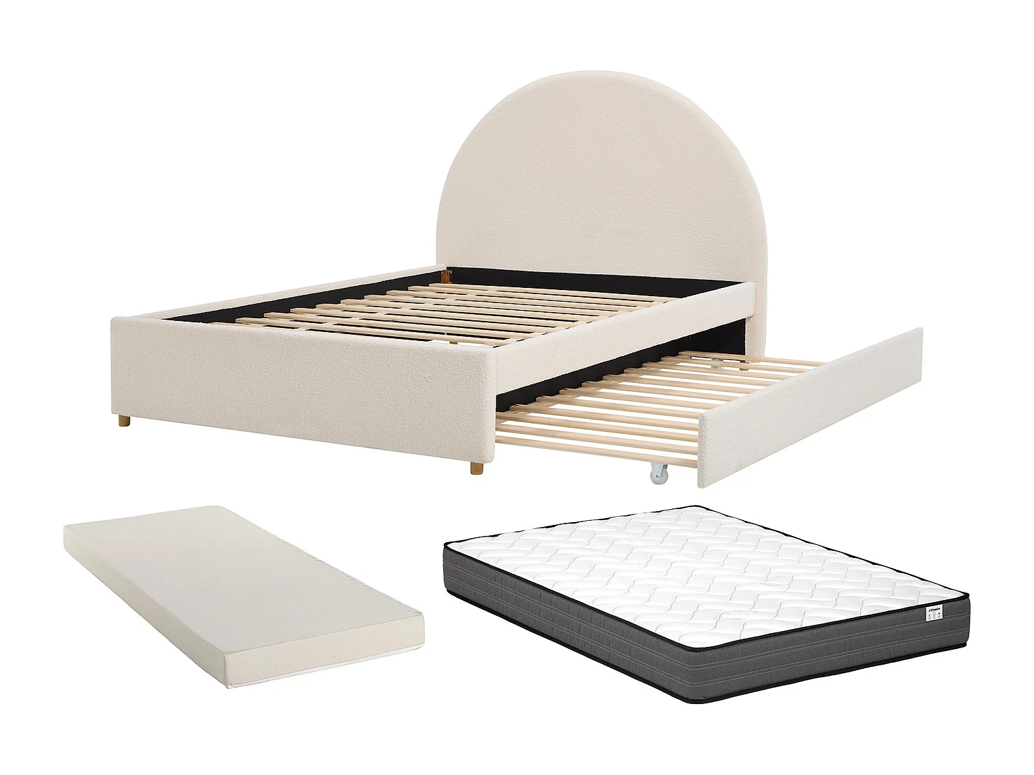Lit avec tiroir gigogne 140 x 190 cm - Tissu bouclette – Crème + Matelas – LIRIMO