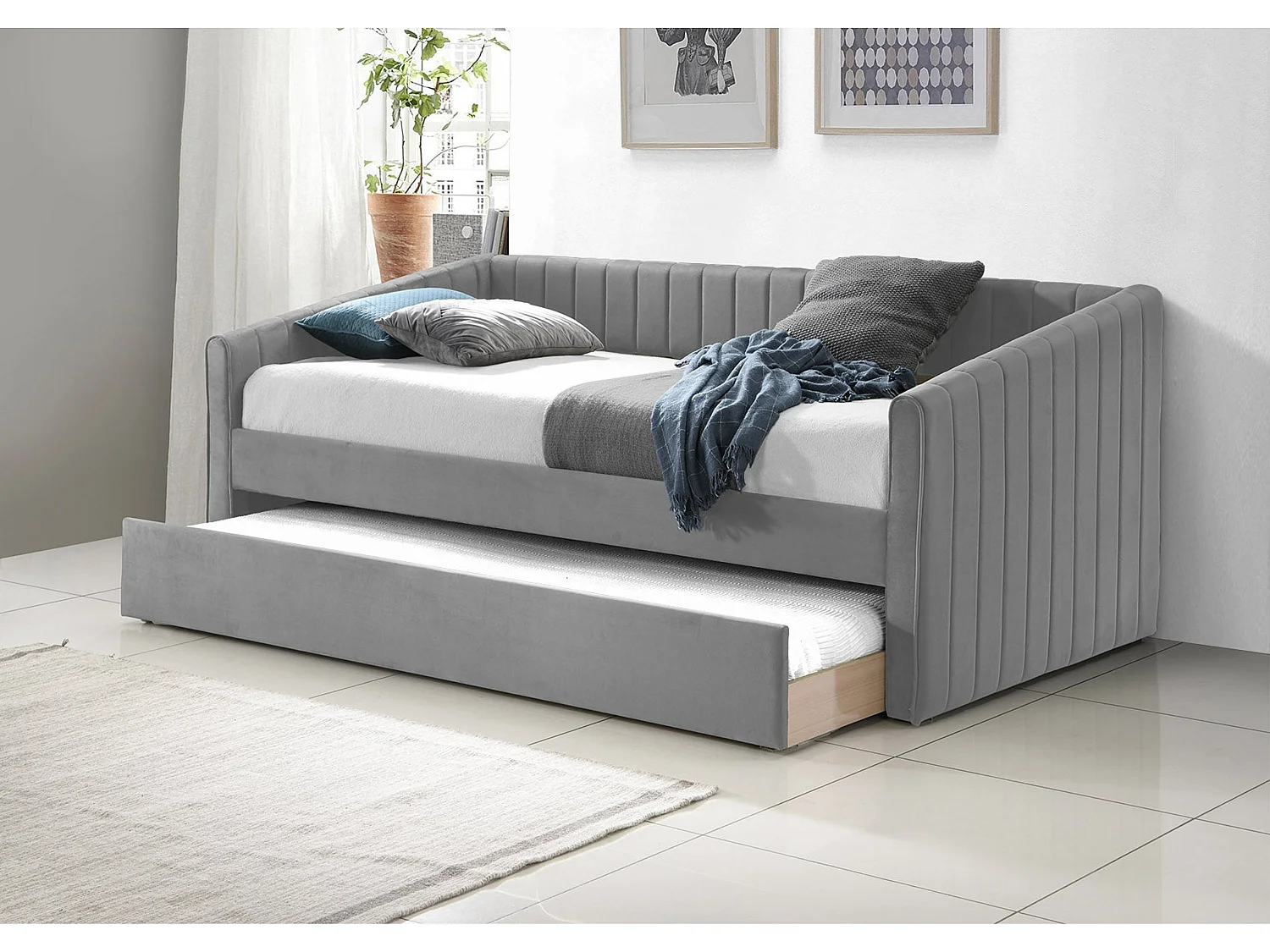 Upholstered Daybed - 75 x 190 cm Day Bed Rollout Underbed Feature in Grey