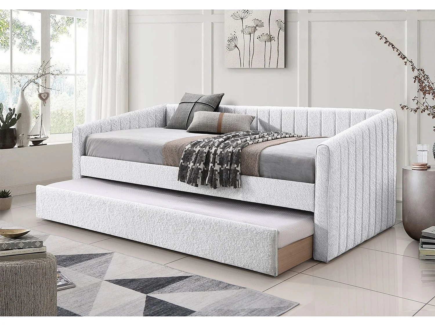 Upholstered Daybed - 90 x 190 cm Day Bed Rollout Underbed Feature in Cream