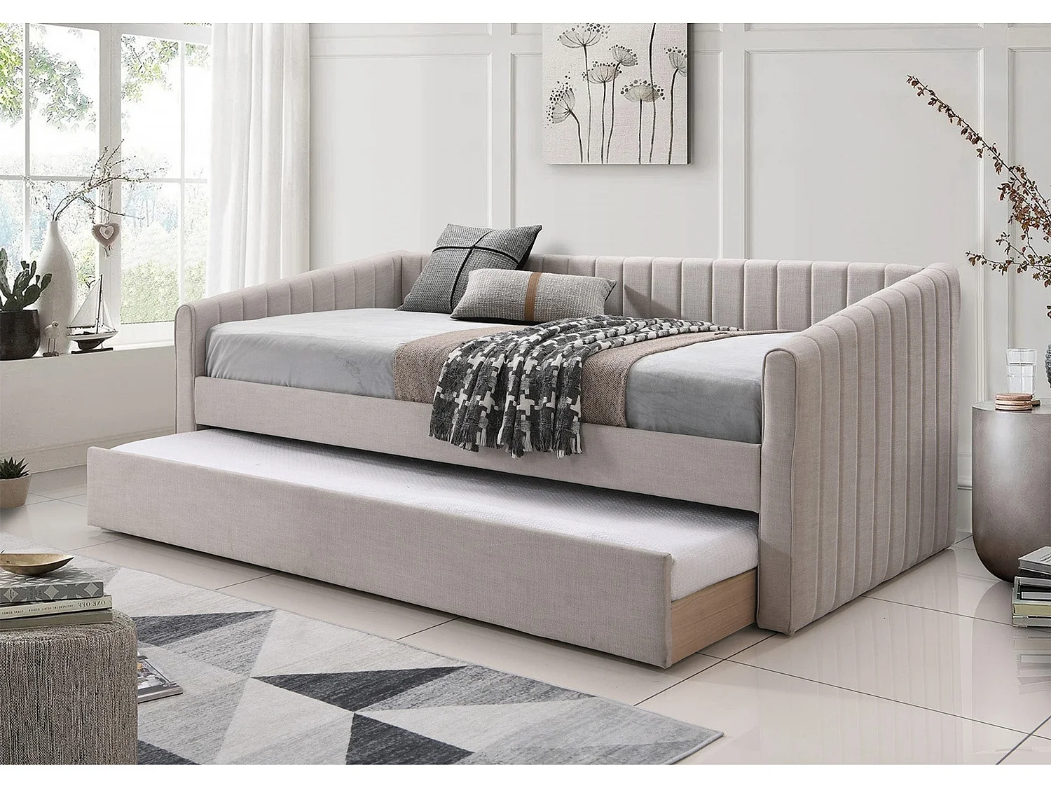 Upholstered Daybed - 90 x 190 cm Day Bed in Cream
