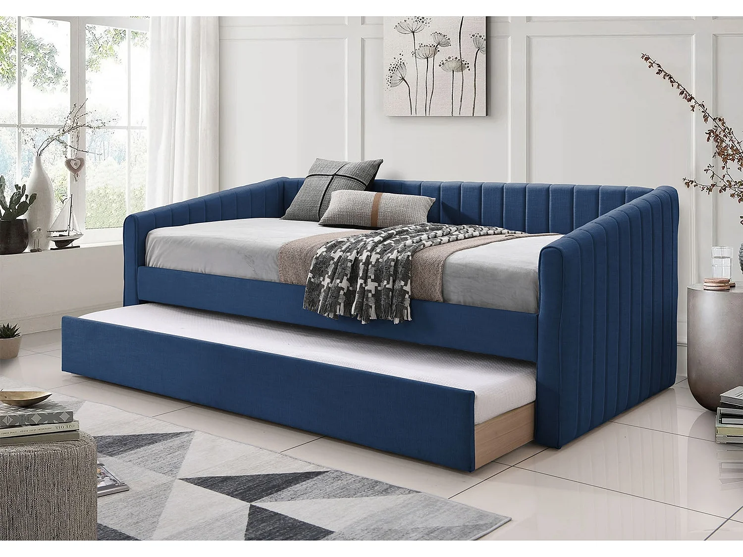 Upholstered Daybed - 90 x 190 cm Day Bed Rollout Underbed Feature in Blue