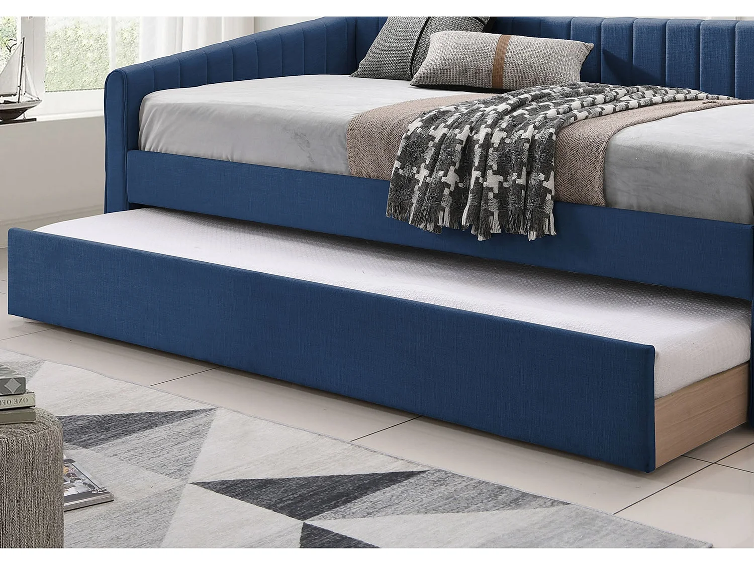 Upholstered Daybed - 90 x 190 cm Day Bed Rollout Underbed Feature in Blue