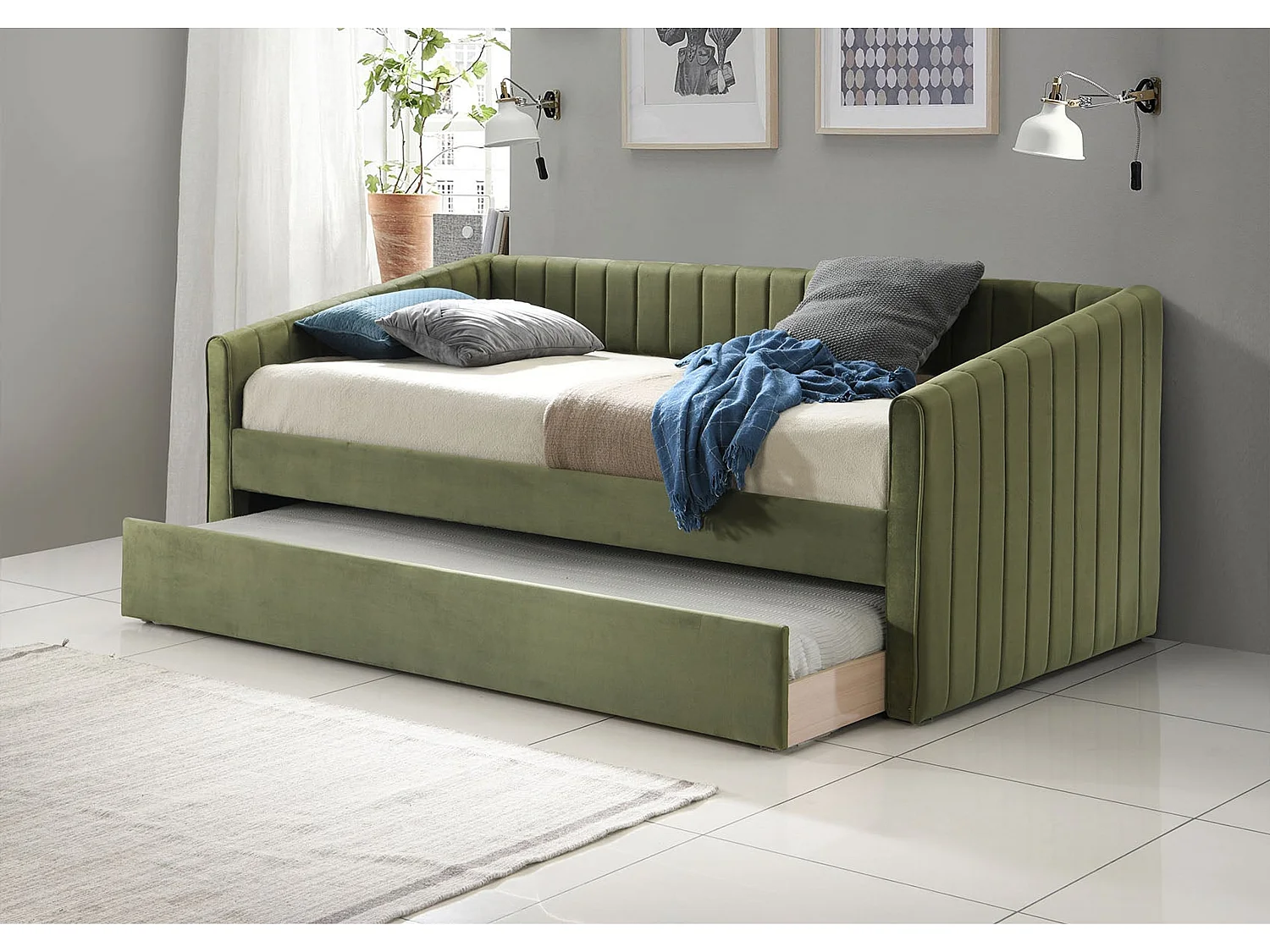 Upholstered Daybed - 75 x 190 cm Day Bed Rollout Underbed Feature in Green
