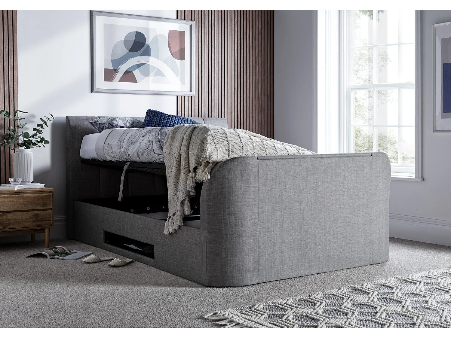 Upholstered Storage bed - 135 x 190 cm Ottoman Bed Integrated TV Feature With Ottoman Storage in Grey