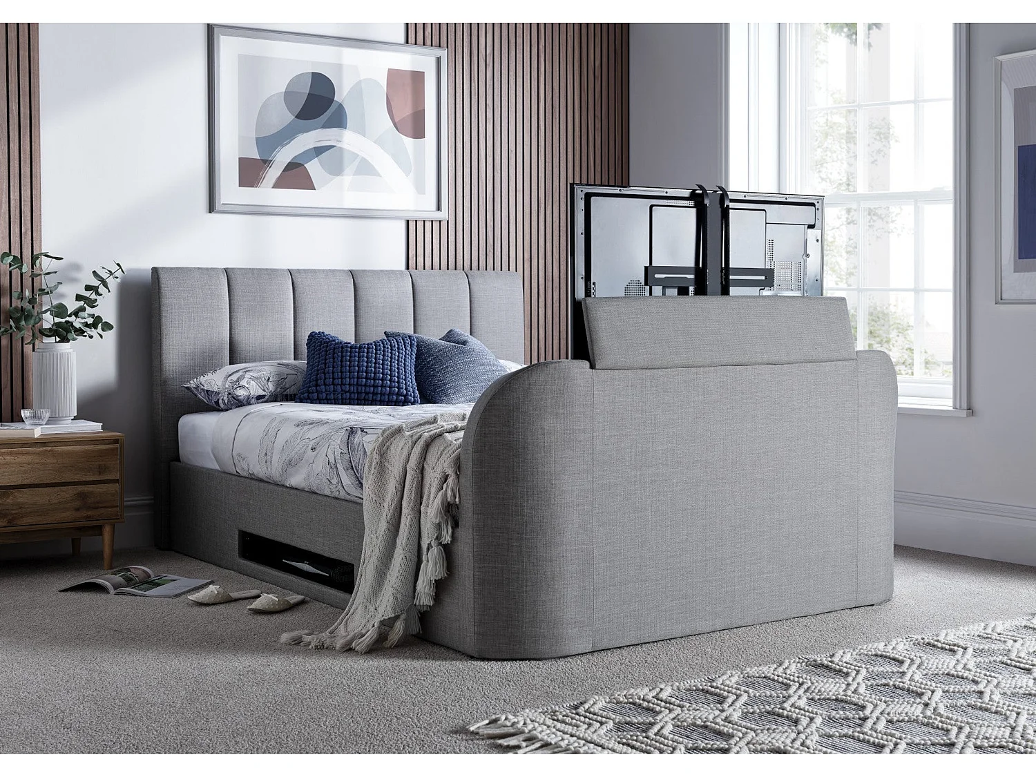 Upholstered Storage bed - 135 x 190 cm Ottoman Bed Integrated TV Feature With Ottoman Storage in Grey