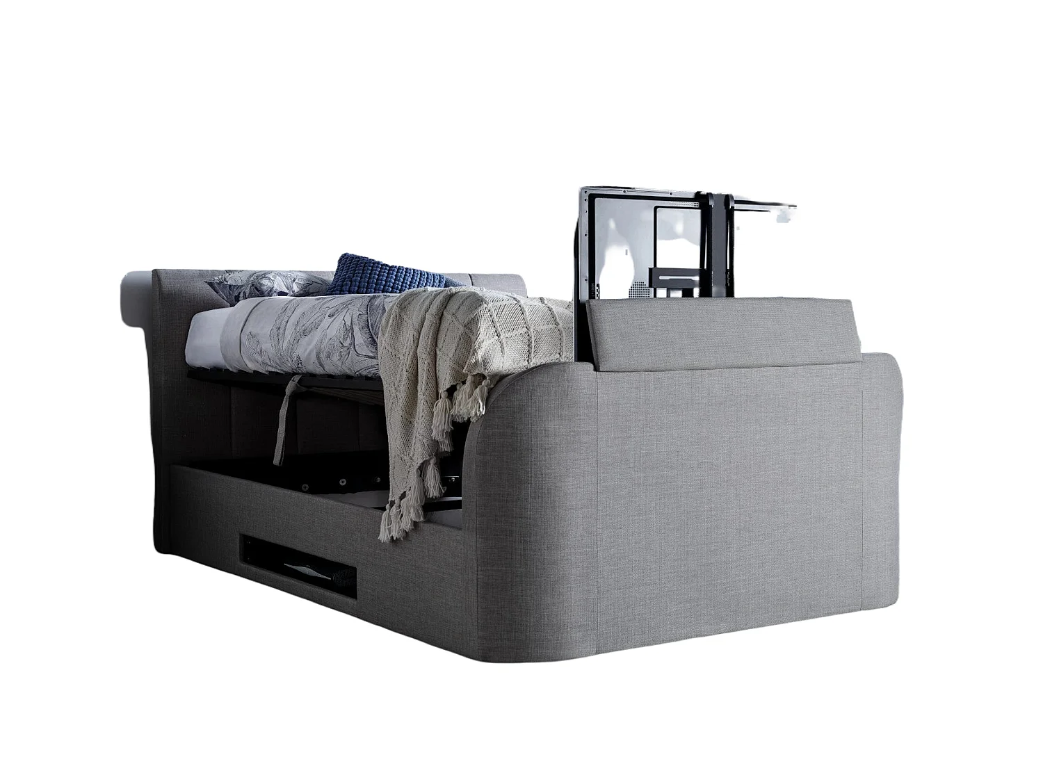 Upholstered Storage bed - 135 x 190 cm Ottoman Bed Integrated TV Feature With Ottoman Storage in Grey