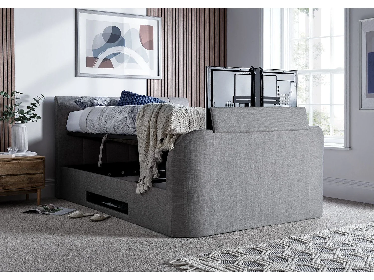 Upholstered Storage bed - 135 x 190 cm Ottoman Bed Integrated TV Feature With Ottoman Storage in Grey