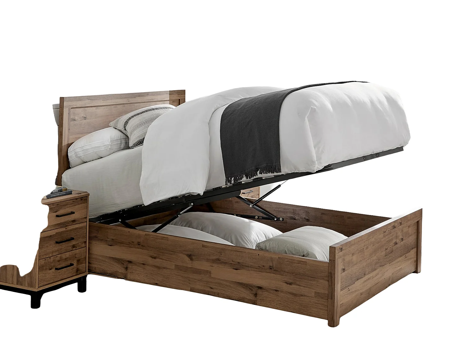 Oak Storage bed - 135 x 190 cm Ottoman Bed With Ottoman Storage in Beige