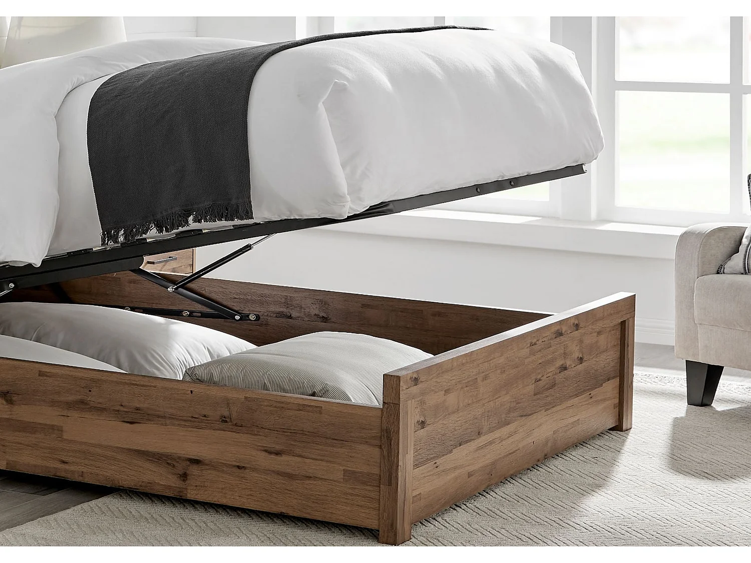 Oak Storage bed - 135 x 190 cm Ottoman Bed With Ottoman Storage in Beige