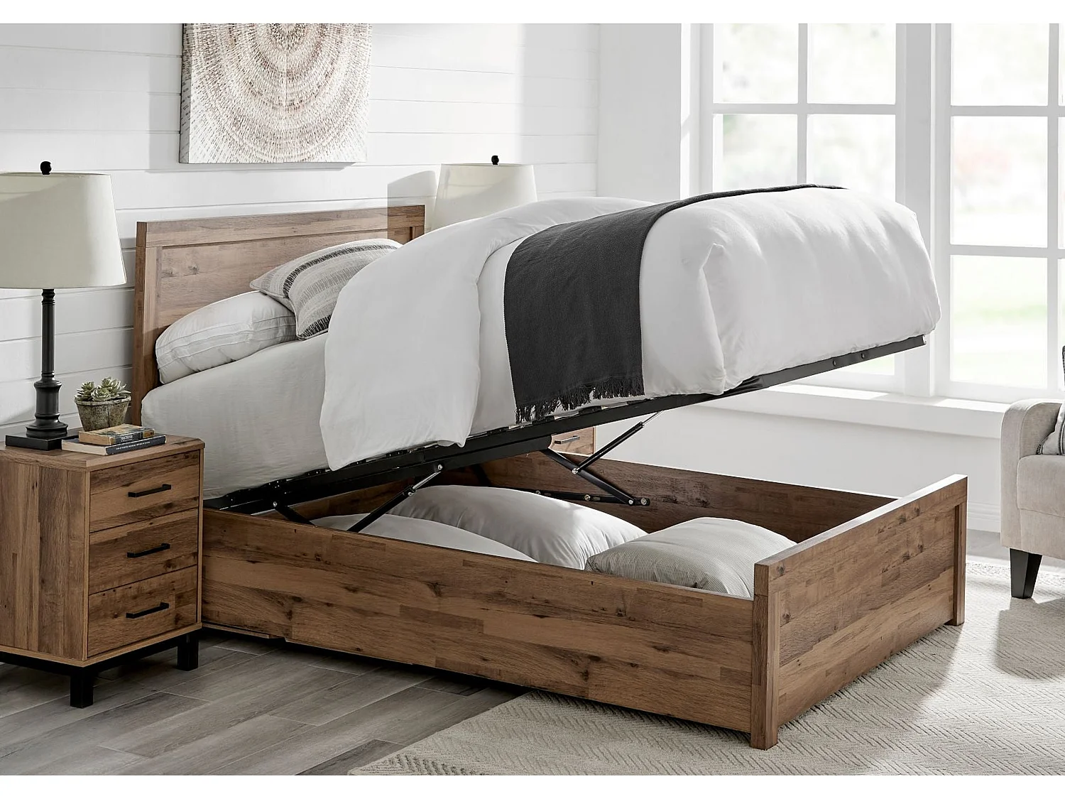 Oak Storage bed - 135 x 190 cm Ottoman Bed With Ottoman Storage in Beige