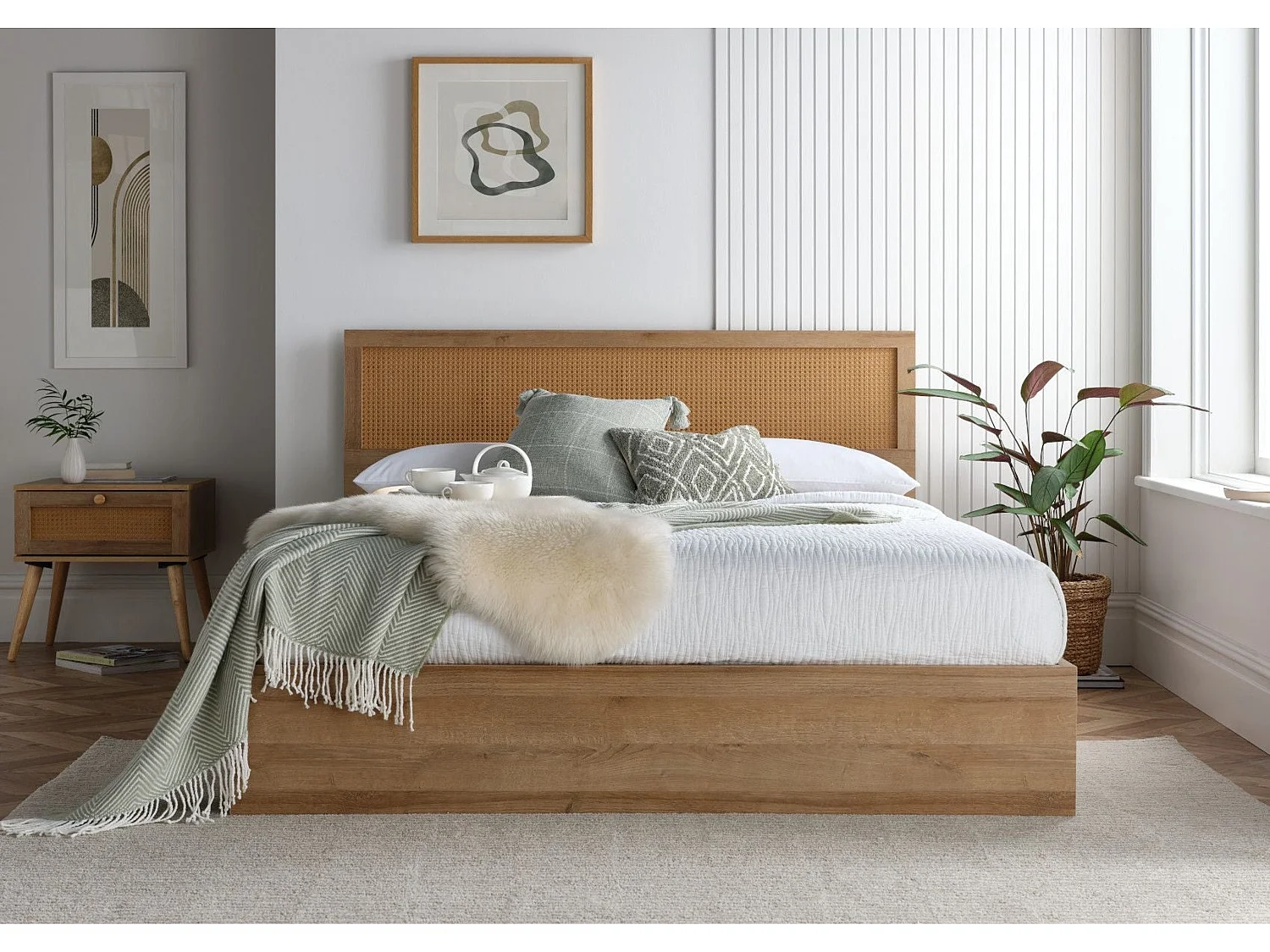 Rattan Oak Storage bed - 150 x 200 cm Ottoman Bed With Ottoman Storage in Beige