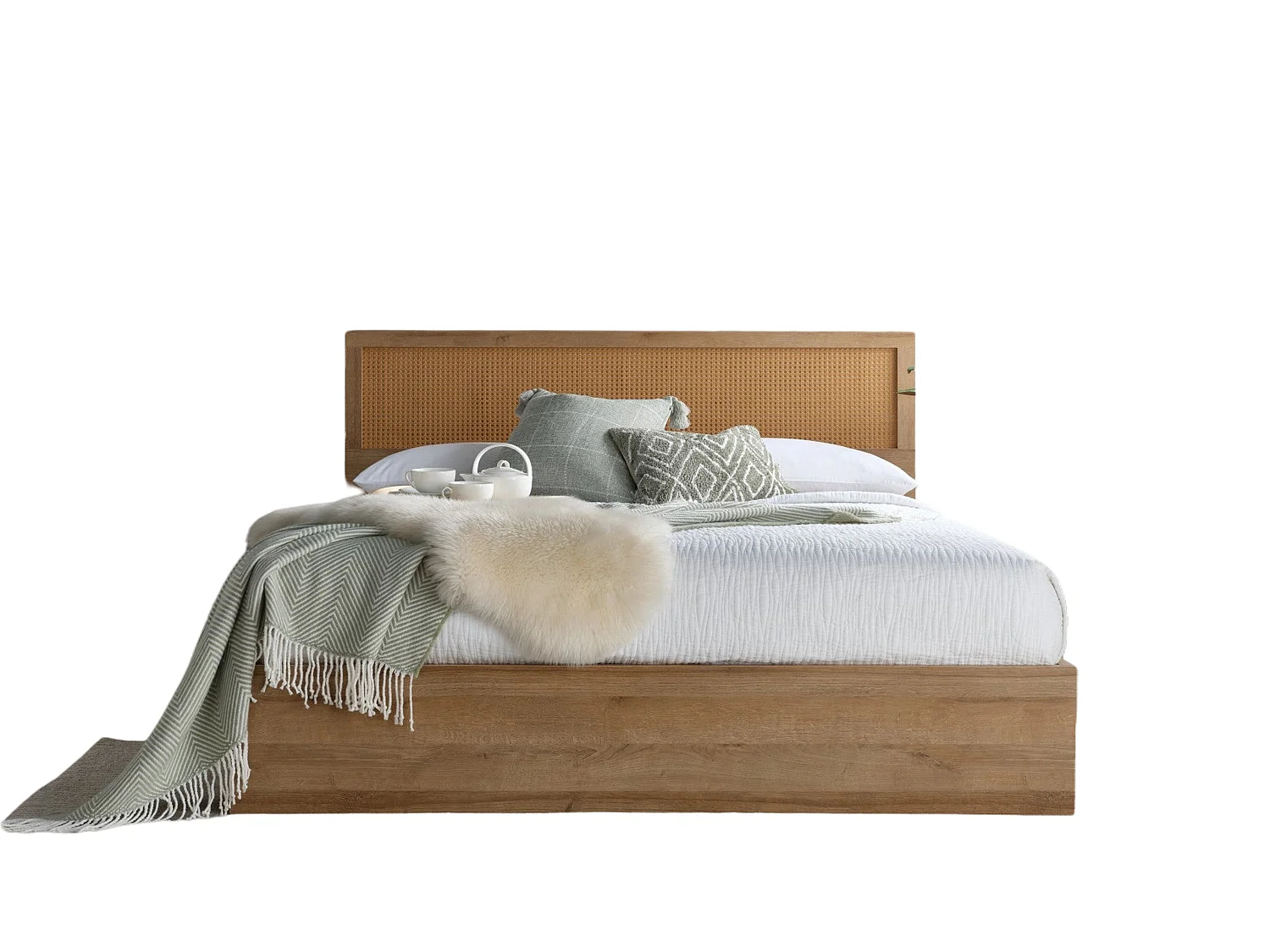 Rattan Oak Storage bed - 135 x 190 cm Ottoman Bed With Ottoman Storage in Beige