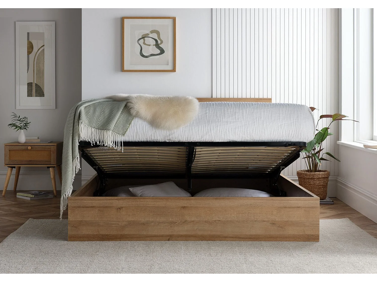Rattan Oak Storage bed - 135 x 190 cm Ottoman Bed With Ottoman Storage in Beige