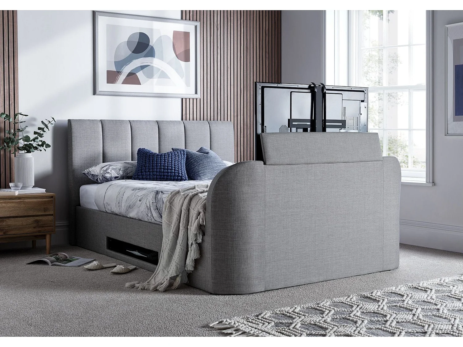 Upholstered Storage bed - 180 x 200 cm Ottoman Bed Integrated TV Feature With Ottoman Storage in Grey