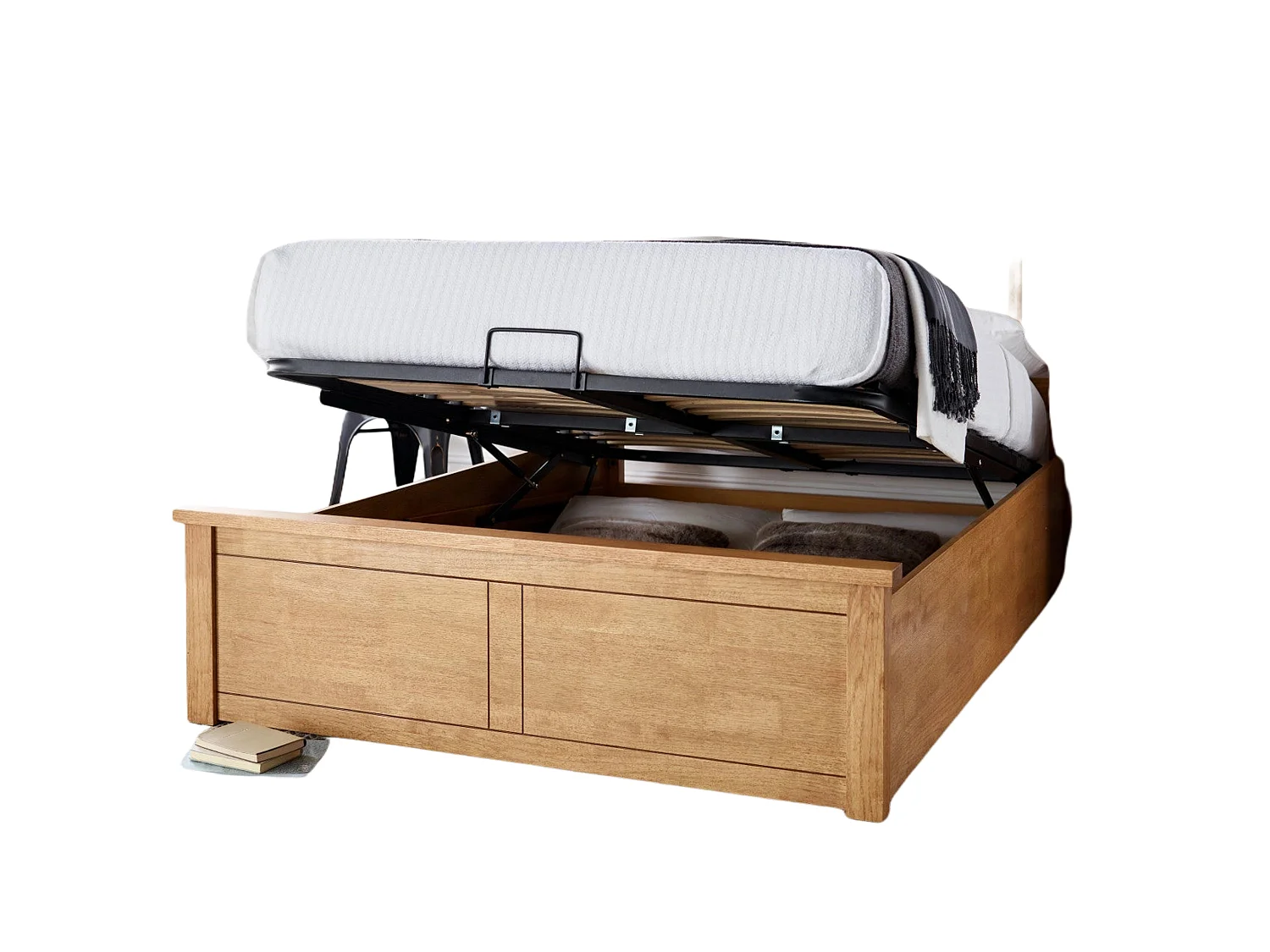 Oak Storage bed - 135 x 190 cm Ottoman Bed With Ottoman Storage in Dark Golden Brown