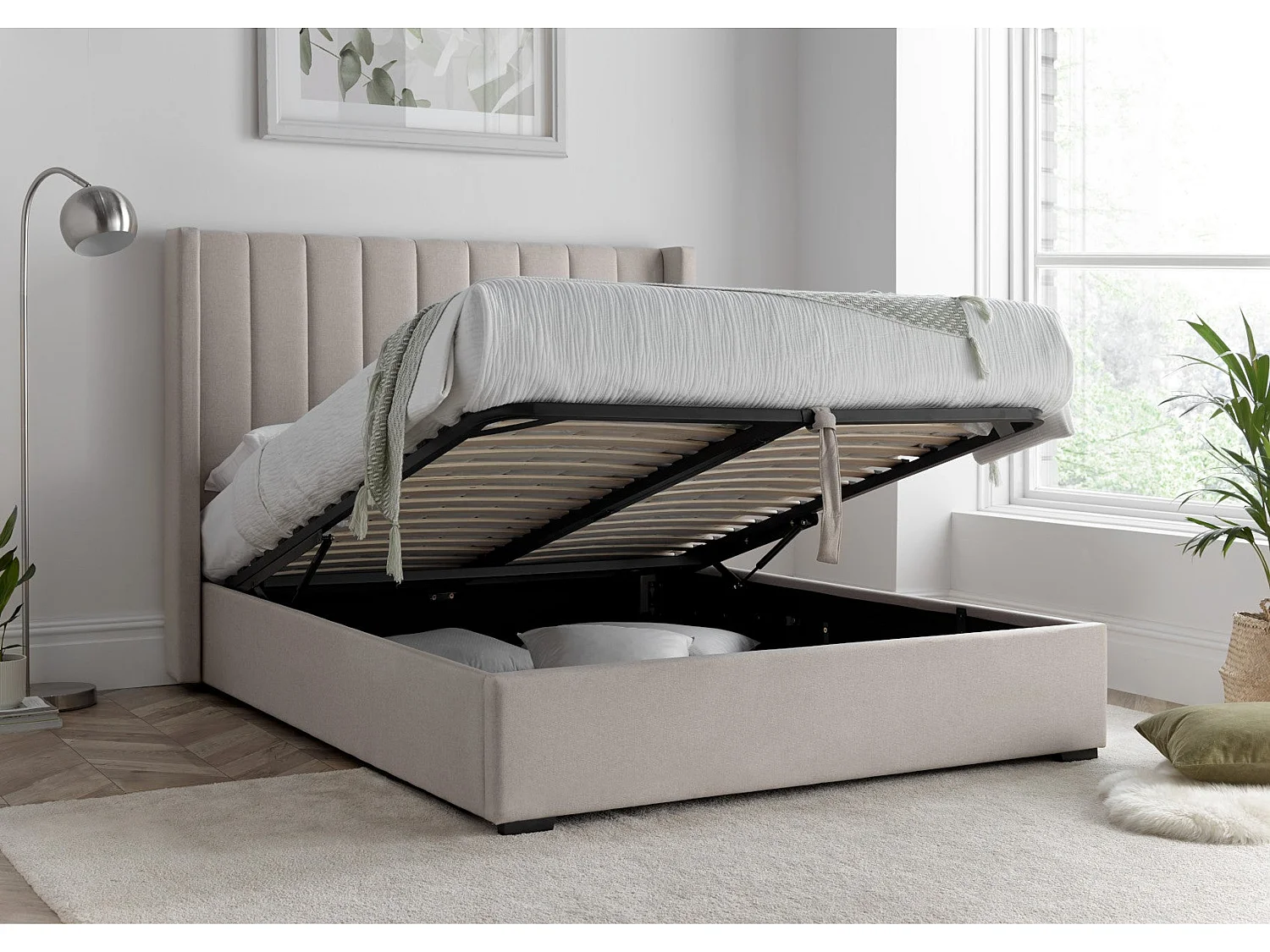 Winged Upholstered Bedframe - 135 x 190 cm Bedframe in Beige