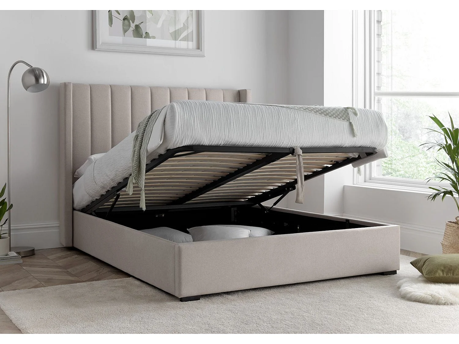 Winged Upholstered Bedframe - 135 x 190 cm Bedframe in Beige