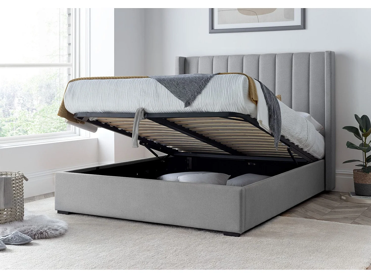 Winged Upholstered Bedframe - 135 x 190 cm Bedframe in Grey