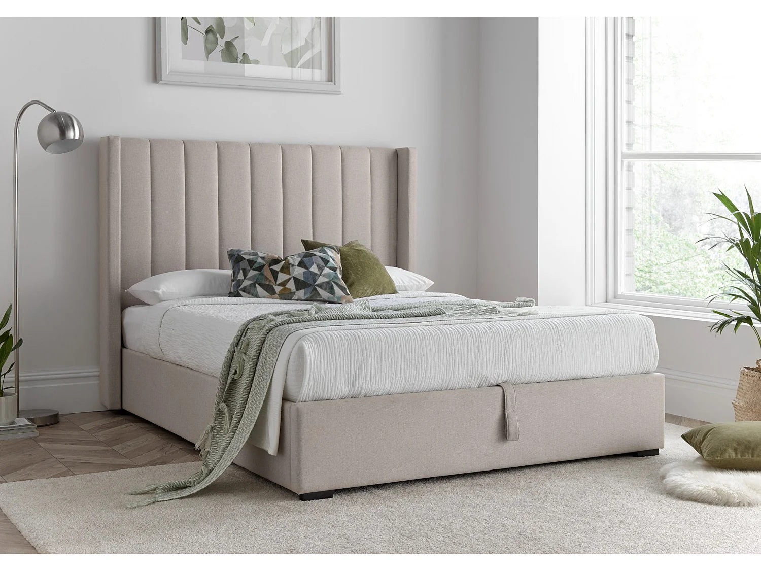 Winged Upholstered Bedframe - 150 x 200 cm Bedframe in Beige