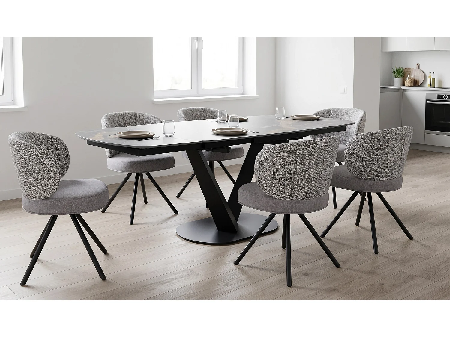 Table à rallonge 120/160 x 90 cm, pied central métallique et plateau en céramique imitation marbre Black Geology