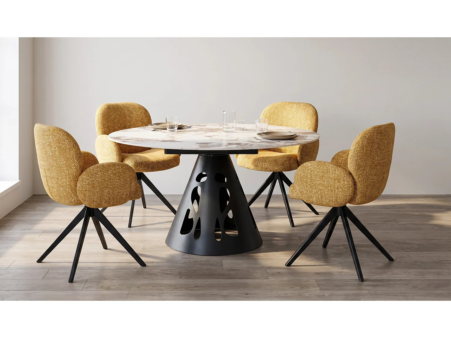 Table ronde à rallonge, diamètre 135 cm, pied central métallique et plateau en céramique imitation marbre Patagonia