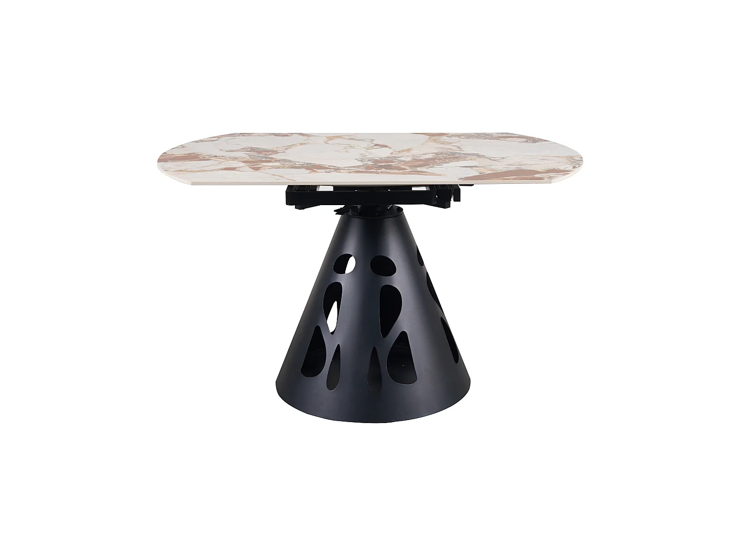 Table ronde à rallonge, diamètre 135 cm, pied central métallique et plateau en céramique imitation marbre Patagonia