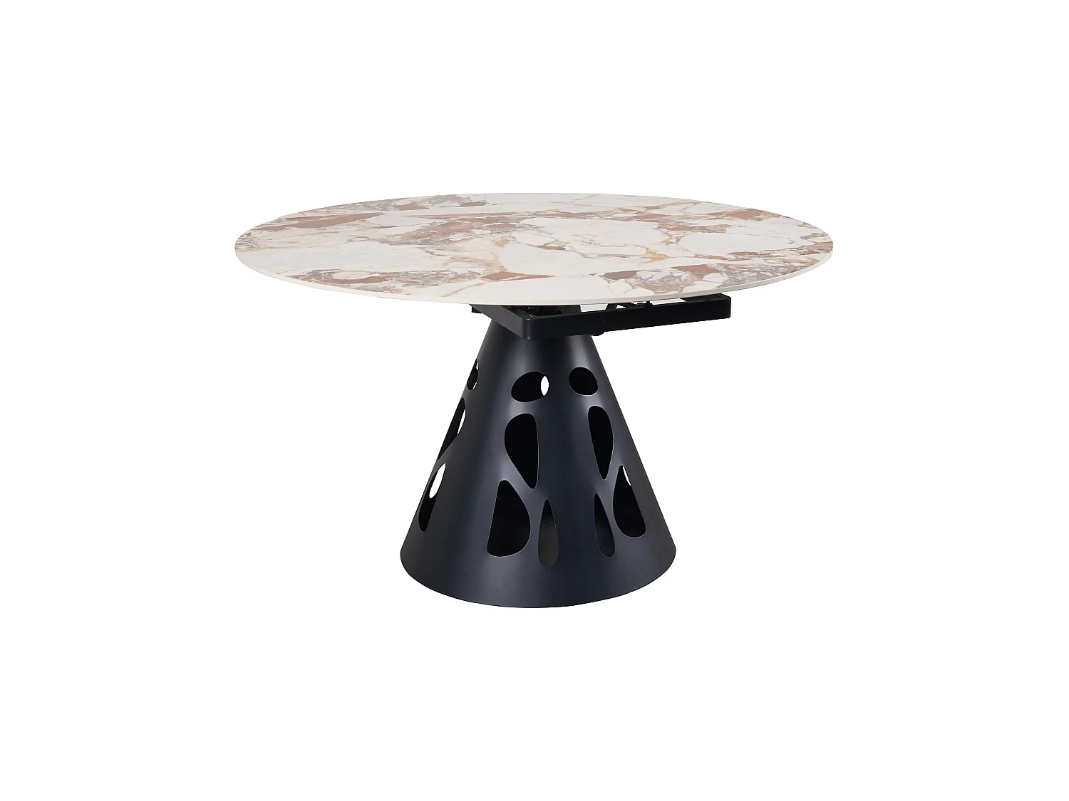 Table ronde à rallonge, diamètre 135 cm, pied central métallique et plateau en céramique imitation marbre Patagonia