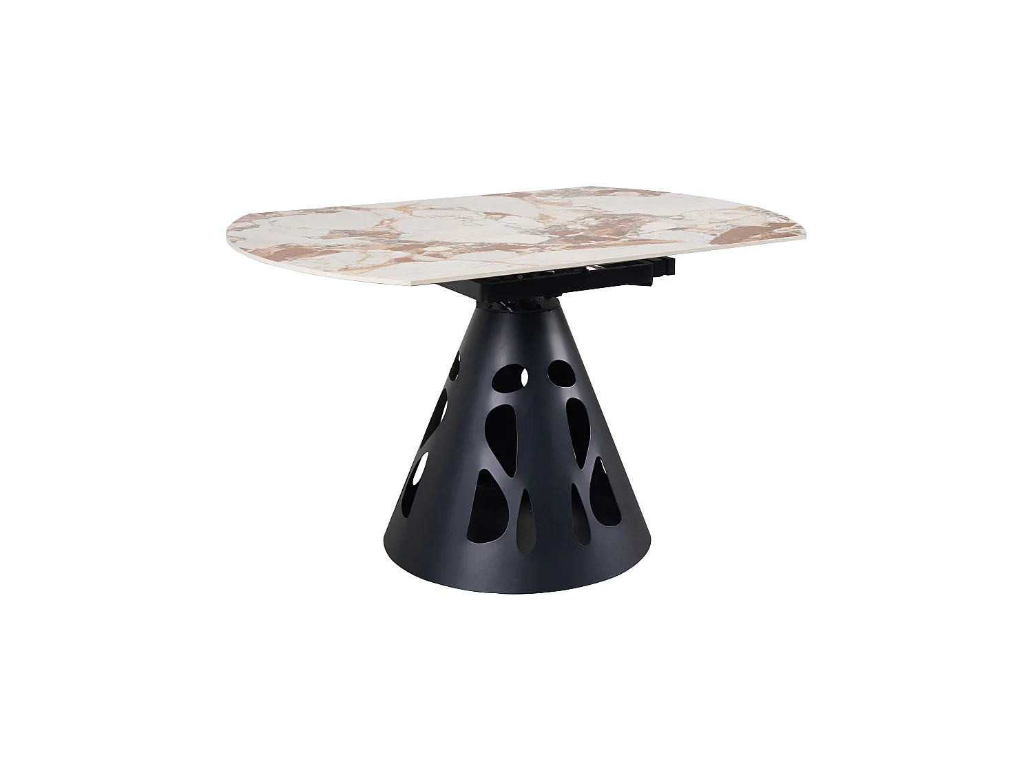 Table ronde à rallonge, diamètre 135 cm, pied central métallique et plateau en céramique imitation marbre Patagonia