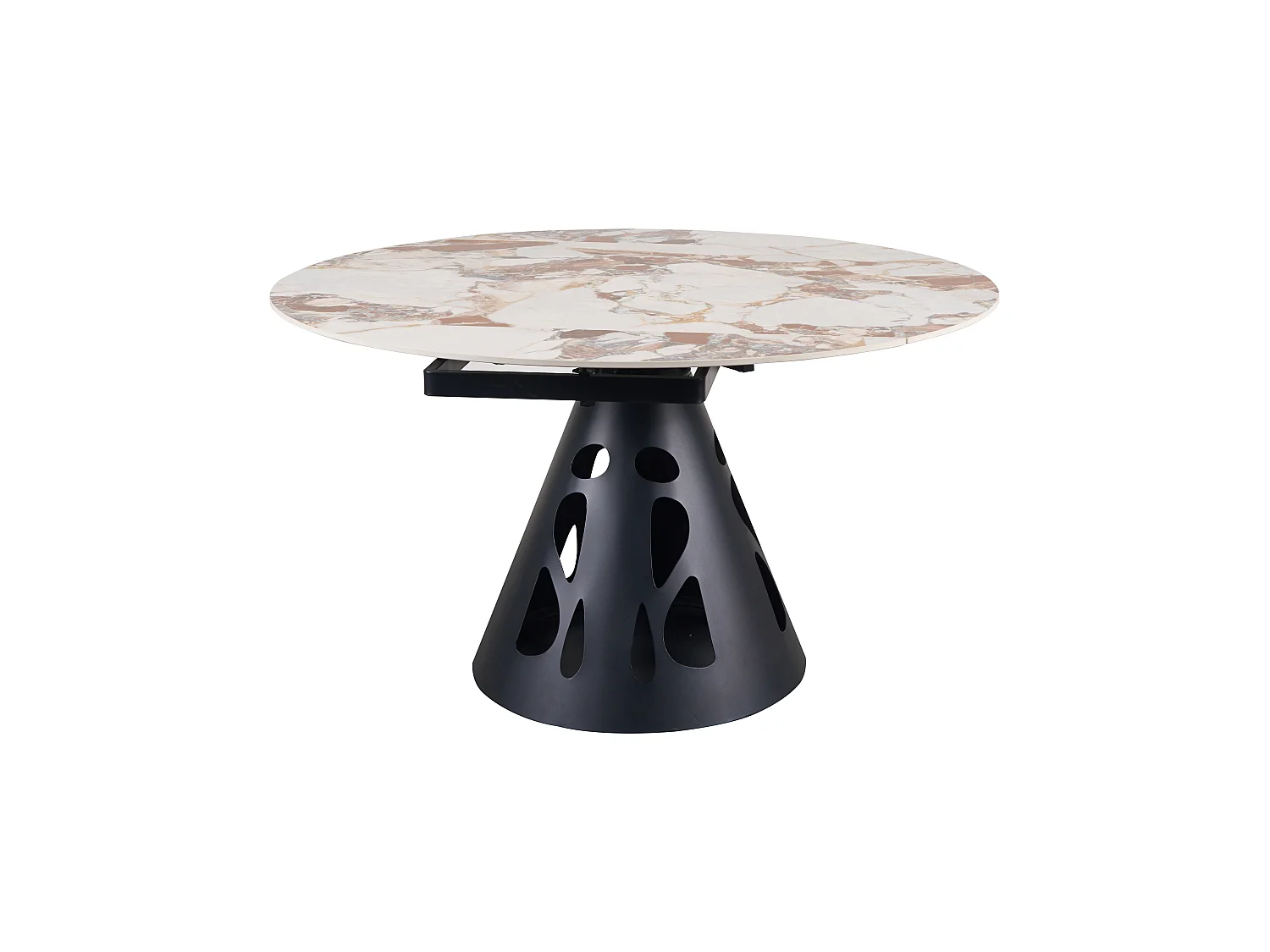 Table ronde à rallonge, diamètre 135 cm, pied central métallique et plateau en céramique imitation marbre Patagonia