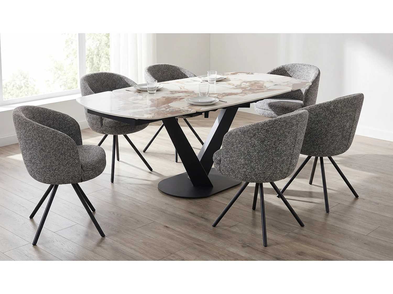 Table à rallonge 120/160 x 90 cm, pied central métallique avec plateau en céramique marbre Patagonia